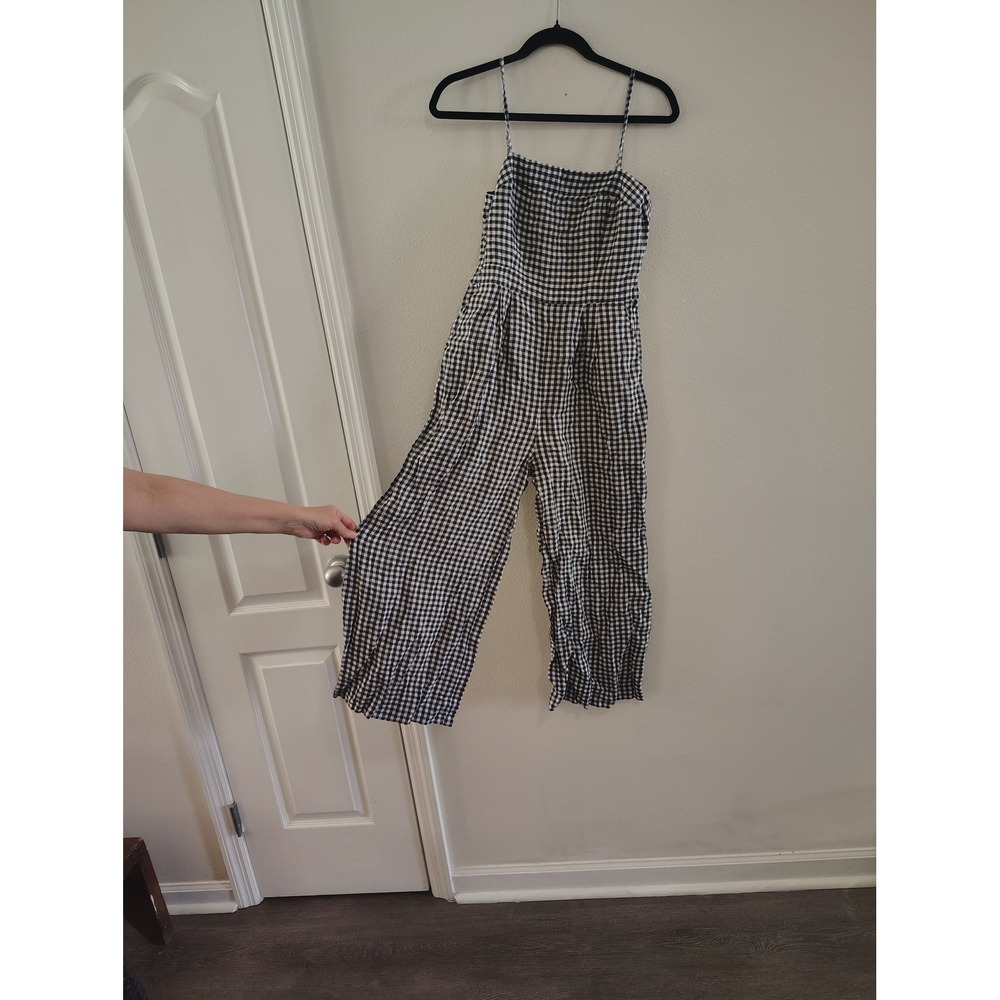J.Crew Womens Gingham Wide Leg Jumpsuit Black White Spaghetti Strap Size‎ 0